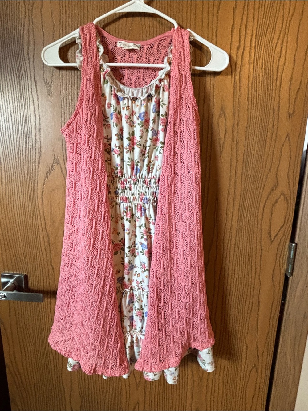 Knitworks Pink Crochet Overlay and Floral Girls Dress
